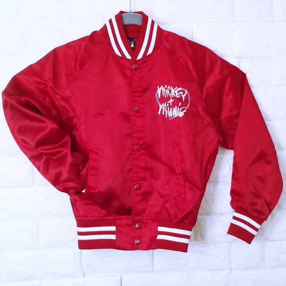 Vintage 80s Nasco Bomber Jacket Youth(10/12) Walt Disney Mickey Minnie Red Satin - Picture 2 of 16